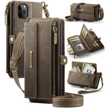 RFID Blocking Leather Wallet Case for iPhone 11 Pro Max with Zipper Card Holder, Kickstand and Strap