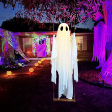 Halloween Decorations Outdoor - 5 FT Large Hanging Swing Ghost with LED Lights, Cute Swinging Ghost Decor for Front Garden Yard Tree
