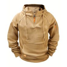 SYMOID Men’s Beige Half-Zip Pullover Hoodie - 100% Polyester Quick-Dry, Tactical-Inspired with Kangaroo & Arm Pockets, Size S