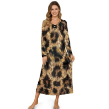 Women's Nightshirt with Button Front Cozy Long Sleeve Pajama Dress Full-Length Pjs Nightgown House Coat for Lounge Sleep Home, L, Cheetah Print