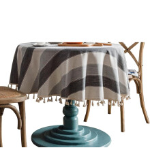 Rustic Striped Cotton-Linen Round Tablecloth with Tassels, Heavy Duty, Compatible with Farmhouse & Christmas Decor