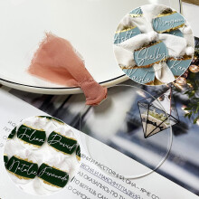 50 tarjetas redondas de acrílico para mesa de boda, de acrílico transparente, para bodas, con cinta.