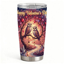 Stainless Steel Insulated Tumbler with Lid, Cute Love Owls in Heart Tree Design, Double-Wall Hot Cold Travel Cup, Valentine Gift for Women