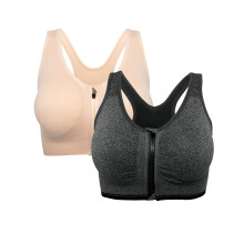 Dame sports-bh, 2-pak sports-bh med lynlåslukning foran, racerback trænings-bh'er, aftagelig tanktop med pude, yoga-sports-bh med lynlås foran
