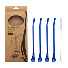 Stainless Steel Straw Spoon Set - 4 Reusable Drinking Spoon Straws with Cleaner Brush - Perfect for Milk Tea, Juices, and Coffee
