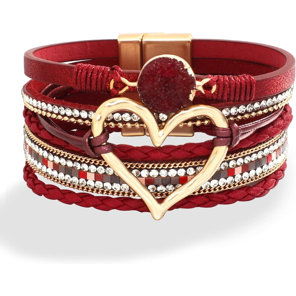 Women's Heart Wrap Bracelet, Fashion Boho Bracelet, Wide Stackable Leather Bracelet, Valentine's Day Gift-image-OPC-PSSHDV7-NEW