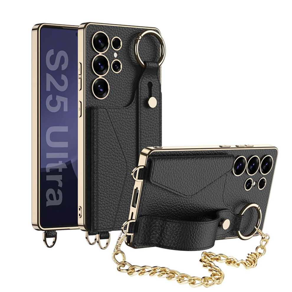 Leather Wallet Case With Kickstand, Shockproof Tpu And Electroplated Frame, For Samsung Galaxy S25 Ultra Black 9092120202496