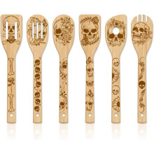 6-Pcs Skeleton Bamboo Cooking Utensils Set – Engraved Wooden Spoons & Spatulas, Compatible with Bamboo Kitchen Tools