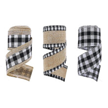 Panglici de Crăciun cu model Gingham, panglici de pânză de sac cu margine sârmă, panglici din material textil în carouri, panglică artizanală