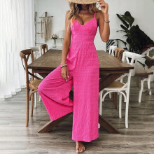 Tuta intera da donna senza maniche con scollo a V e gamba larga, spalline regolabili e fiocco sul retro, colore rosso rosato, ideale per