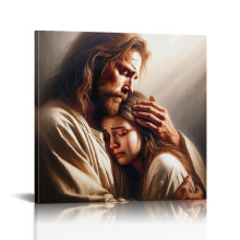 Jesus & Girl Canvas Wall Art – Christian Religious Decor, Compatible with Church, Prayer Room, Living Room – Wooden Framed