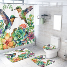 Badkamerset met vogel- en bloemenmotief, inclusief douchegordijn, vloerkleden en accessoires – Kolibrie, vetplanten en een bloementuinthema – 183