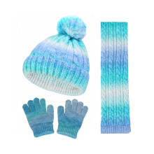 Xinwanna 3Pcs/Set Kid Hat Scarf Gloves Set Rainbow Color Plush Ball Decor Knitted Hat Windproof Scarf Gloves Set Winter Accessories (Light Blue)