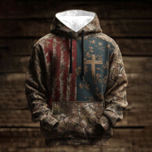 SYMOID Big & Tall Men's Camouflage Hoodie with Cross & Americana Stripes, 100% Polyester, Army Green, Kangaroo Pocket, Size 4XL