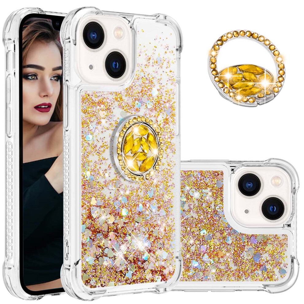 Glitter Clear Bling Case For Compatible With Iphone 15 Plus Â Quicksand Liquid Flow Cover With Diamond Ring Holder, Lsz Gold 9028731703534