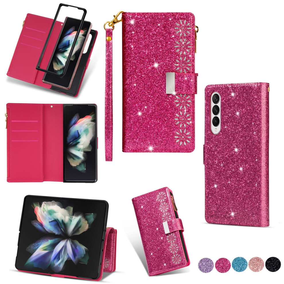 Tech Circle Cute Shiny Flip Wallet Case With Wrist Strap For Galaxy Z Fold 7 (2025) Â Built-In Stand, 9 Card Slots, Zipper Pocket, Pu Leather, Rose 9028731268439