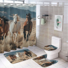 3-Piece Horse Shower Curtain Set w/ Rug, Toilet Lid Cover & Bath Mat – Waterproof, Horse Lover Gift