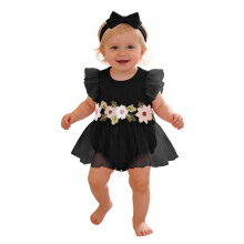 Piger Baby Bodysuit Outfit Blomsterkjole Ærmeløs Fest Romper Tumling Pigetøj Med Sløjfe Pandebånd Sommer 2PCS Sæt Stilfuldt Heldragt