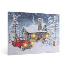 Vintage Christmas Snow Scene & Red Truck Wall Art – Retro Holiday Canvas Print for Living Room, Kitchen, Bedroom – Compatible with Xmas Decor