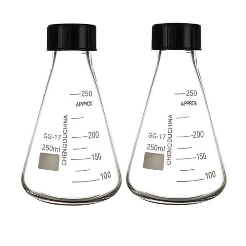 2 τεμάχια φιάλη Erlenmeyer με μαύρο βιδωτό καπάκι, 8,5oz250ml, βοριοπυριτικό γυαλί με