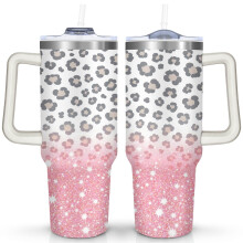 Rosa paljettmönstrad leopardmönstrad tumbler med 110 cl-motiv, vakuumisolerad i rostfritt stål, med handtag och sugrör – en söt present till