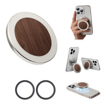 Phone Grip and Stand with Dual Grip Kickstand, Removable Magnetic Lock, Wood and Silver Design Compatible with MagSafe, for iPhone and Android