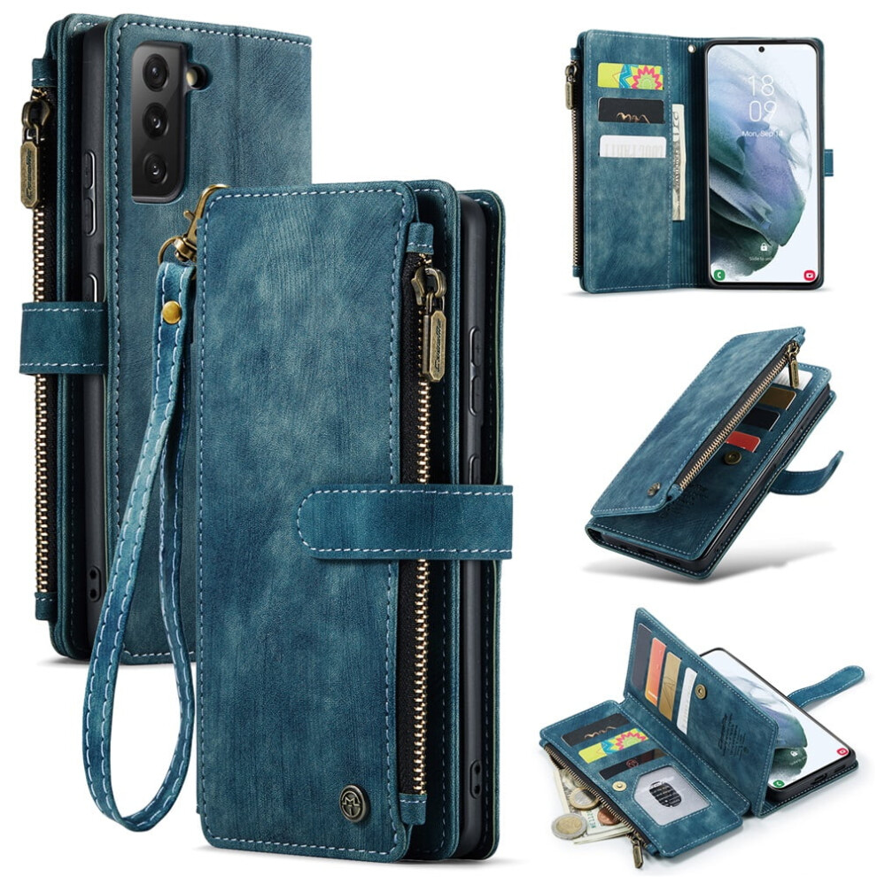 Caseme Wallet Case For Samsung Galaxy S21 (6.2") Â Pu Leather Magnetic Flip, Lanyard Strap, Zipper Card Holder, Blue 9028731604466
