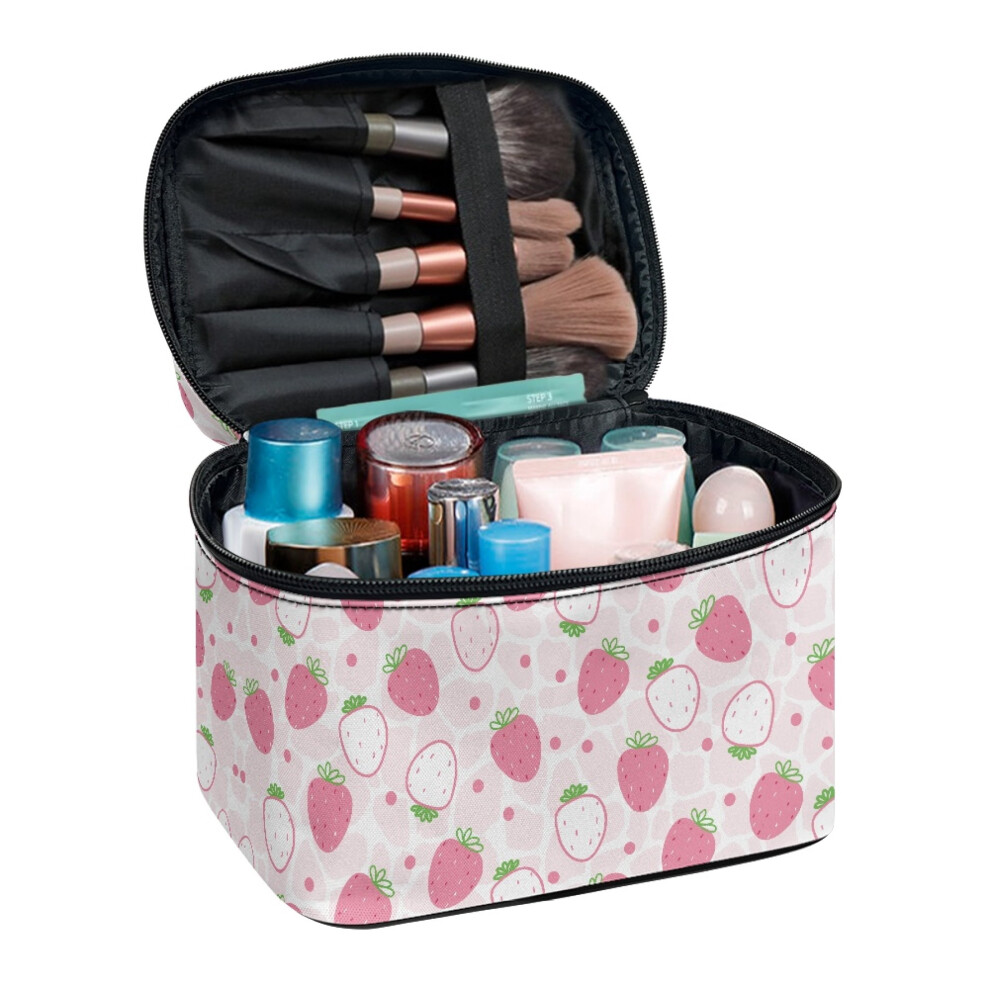 Pink Makeup Brush Bag Cosmetic Bags (8.86"X6.5"X5.9") Double Zipper Strawberry Print