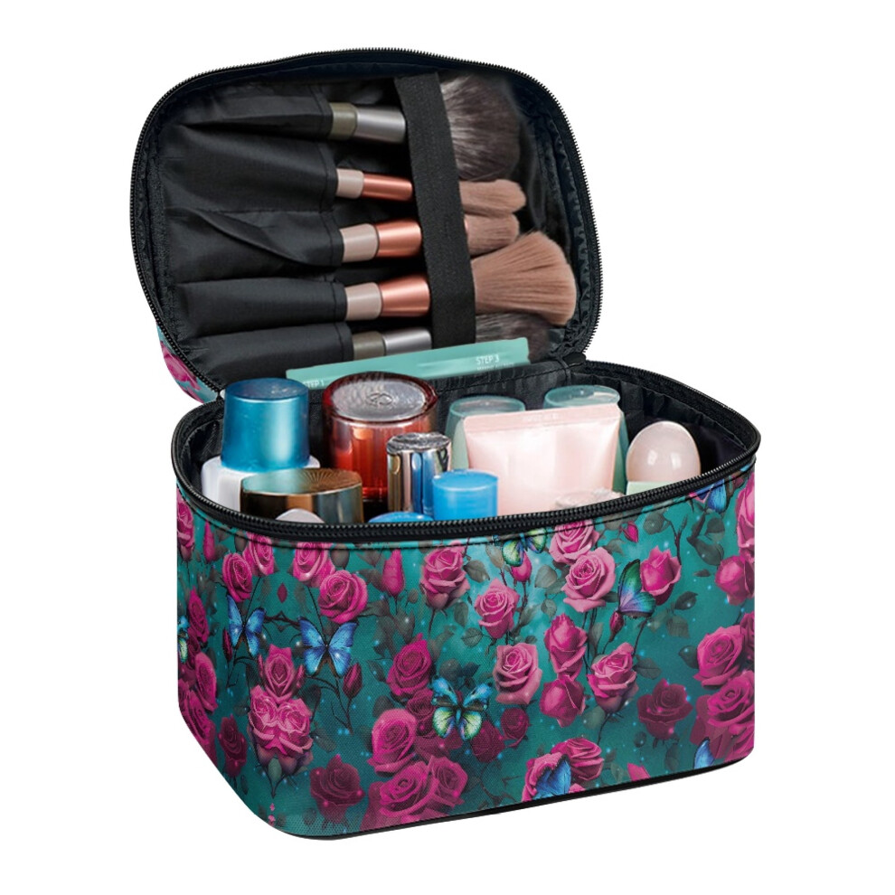 Small Makeup Bag Rose And Butterfly Double Zipper Cosmetic Bag Portable and Durable Polyester