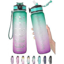(Green purple) Water Bottle With Time Marker 1l Leakproof With Straw And Filter Tritan Bpa Free