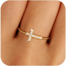 14K Gold Plated Cross Ring for Women, 925 Sterling Silver Sideways Diamond Cross Rope Ring, CZ Twisted Band, Size 6-9, Compatible with Religious