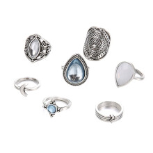 Women's Retro Opal Water Drop Moon Knuckle Ring Set 7 Pieces