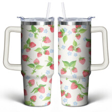 Erdbeer-Fruchtbecher (887 ml) mit Henkeldeckel und Strohhalm, doppelwandiger, vakuumisolierter Edelstahlbecher – süßes Geschenk für Frauen,