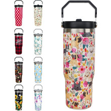 30oz Pug Tumbler with Handle & Straw – Vacuum-Insulated Stainless Steel, Spill-Proof, Floral Design – Compatible with Pug Lovers