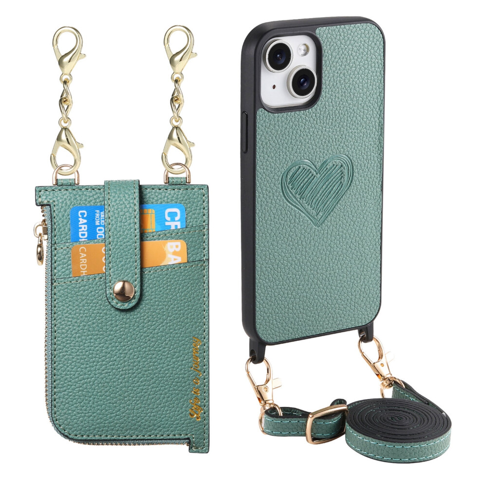 Wallet Case For Iphone 15: Detachable Card Holder, Pu Leather Crossbody Strap, Heart Zipper Purse With Lanyard Â Green 9479868987074