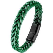 Håndlavet flettet læderarmbånd, sort rustfri stållås, herre, cool klassisk stilfuld
