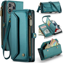 Wallet Case for iPhone 13 Pro Max, 3 in 1 Leather Flip Clutch with Zipper Pocket and Removable Strap Blue