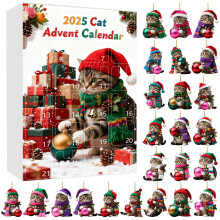 24-daagse adventskalender met kattenthema, inclusief 2D-ornamenten en sterrenlichtjes.
