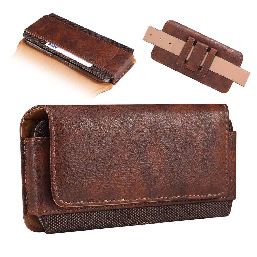 Leather Cell Phone Holster With Card Holder, Magnetic Closure Belt Clip Case Fits 6.9 Inch Phones Brown 9771547584957