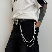 Buksekæde til kvinder og mænd Sølvperle Krydsled Pungkæde Lagdelt Jeans Kropsmykker Biker Hiphop Punk Smykker