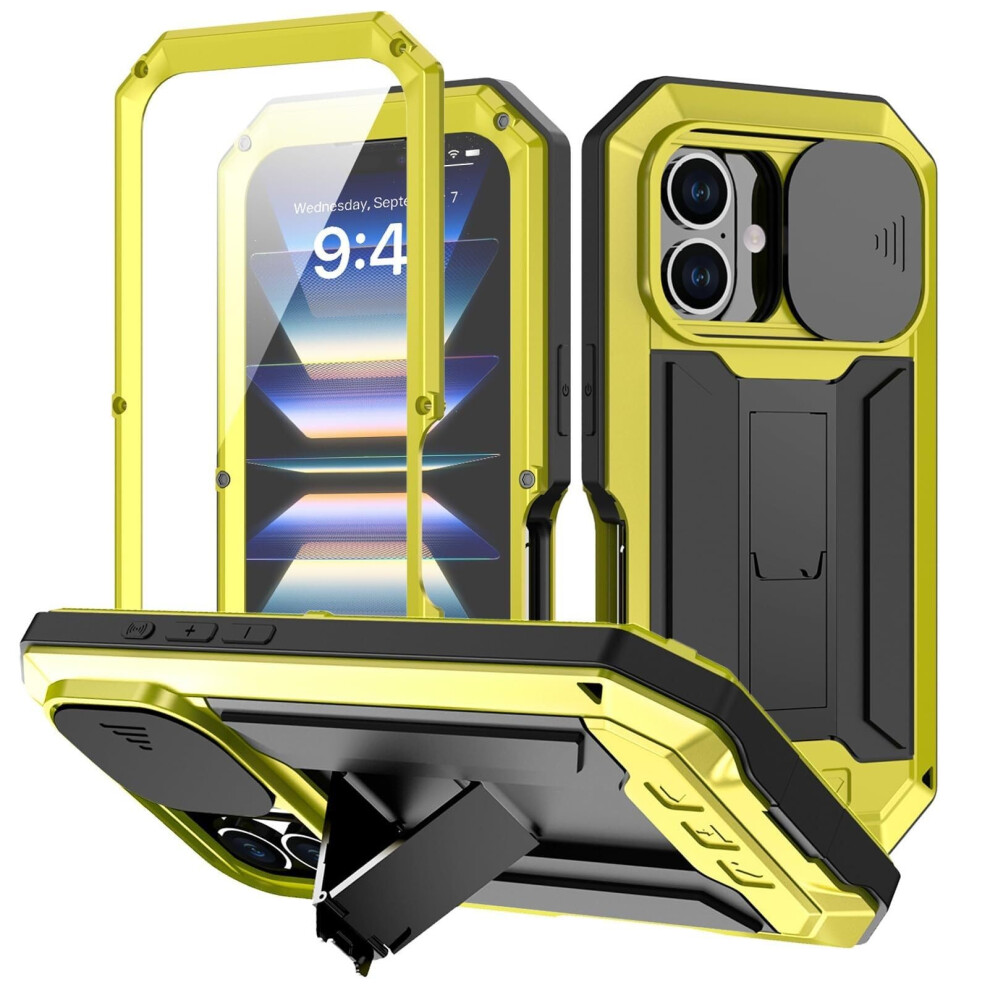 Metal Shockproof Case With Sliding Lens Cover, Kickstand And Screen Protector For Iphone 16 Pro Yellow 9771547585015