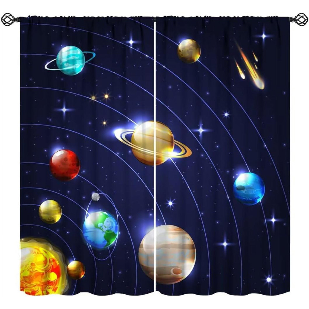 Solar System Curtains, Cartoon Outer Space Fantasy Starry Planet Galaxy Glitter Print Window Curtains for Kids Chidren Bedroom Living Room 84x84in
