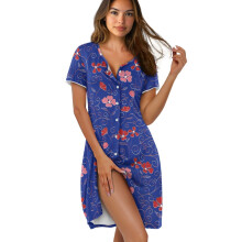 Nattkjole med knapper foran og korte ermer for kvinner – Myk, komfortabel loungewear og sovekjole, blomsterblå, XL, allsidig passform