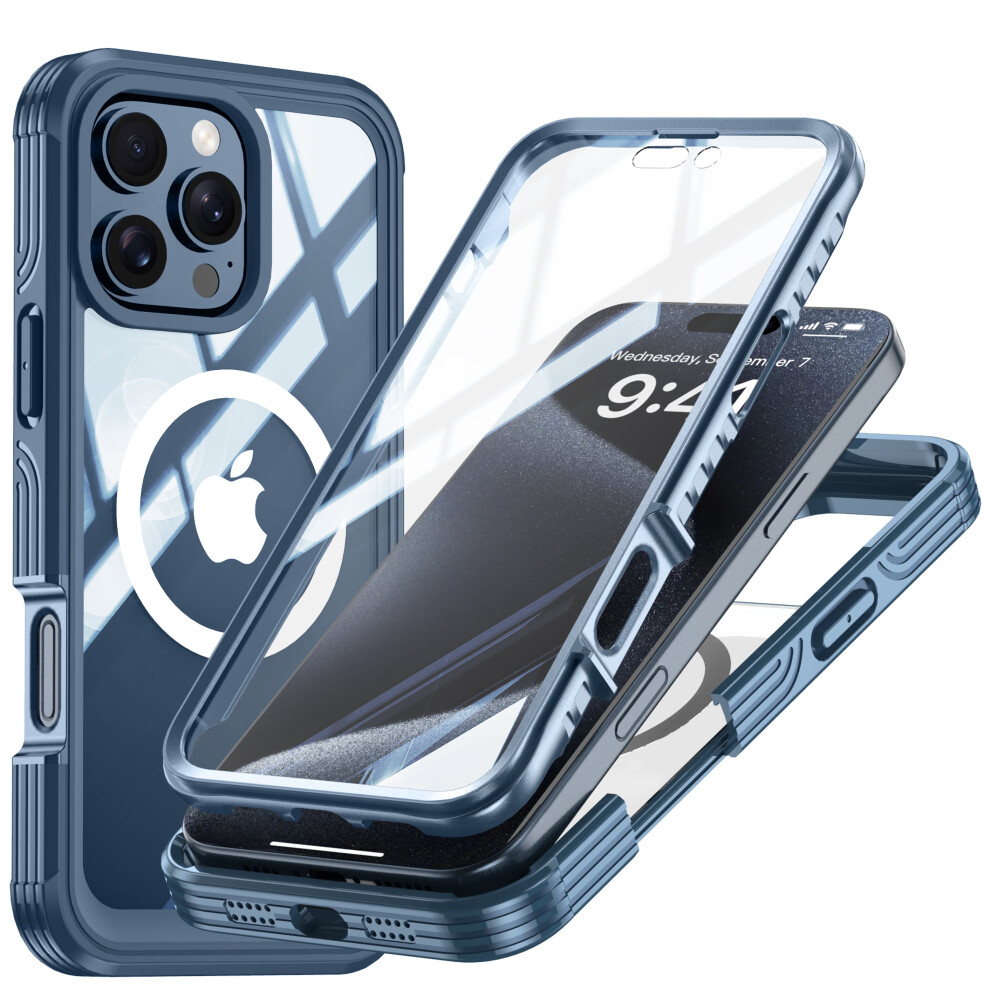Clear Magnetic Case For Iphone 16 Pro Max, Built-In Tempered Glass, Magsafe Compatible, Rugged Shockproof, Blue 9028731270852