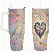 Geïsoleerde roestvrijstalen drinkbeker met handvat, deksel en rietje – Abstract bloemenhart met "Fijne Moederdag"-design, dubbelwandig, warm/koud,