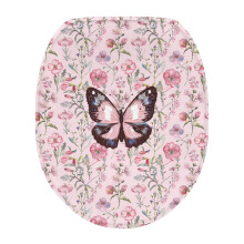 Floral Butterfly Toilet Lid Covers, Pink, Absorbent, Elastic Edge, Compatible with Elongated Toilets