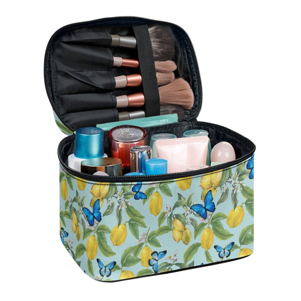 Lemons and Blue Butterflies Large Capacity Makeup Bag Zipper Storage Bag Handy Work Touch-Ups for Men and Women Cosmetic Storage