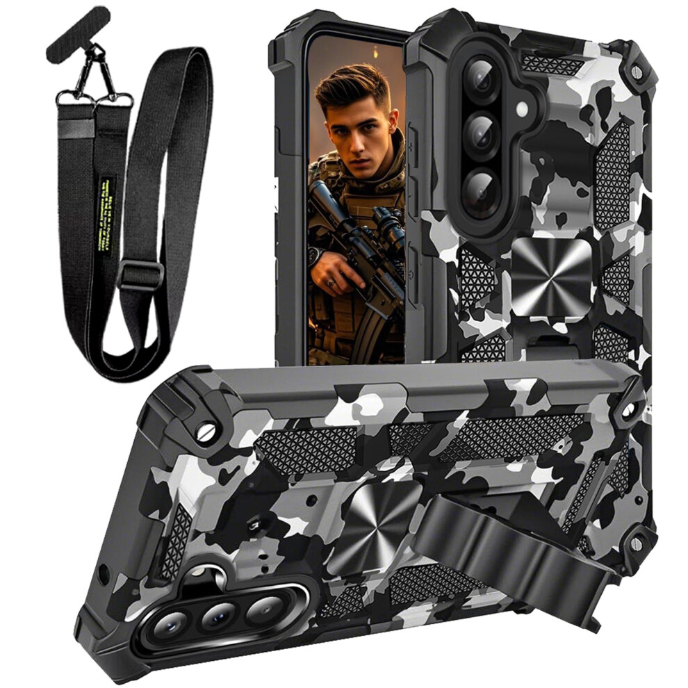 Shockproof Case Camouflage With Crossbody Lanyard And Magnetic Kickstand For Samsung Galaxy A56 Black 9092120209471