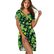 Elegant nattkjole og husfrakk med knapper for kvinner, kortermet loungewear-sovekjole, 3XL – Shamrockgrønn/svart, kompatibel med St. Patricks dag