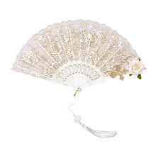 Handmade Palace-Style Lace Fan with Embroidered Flowers & Fake Roses – Lightweight Home Decor, Tea Party, Events – White